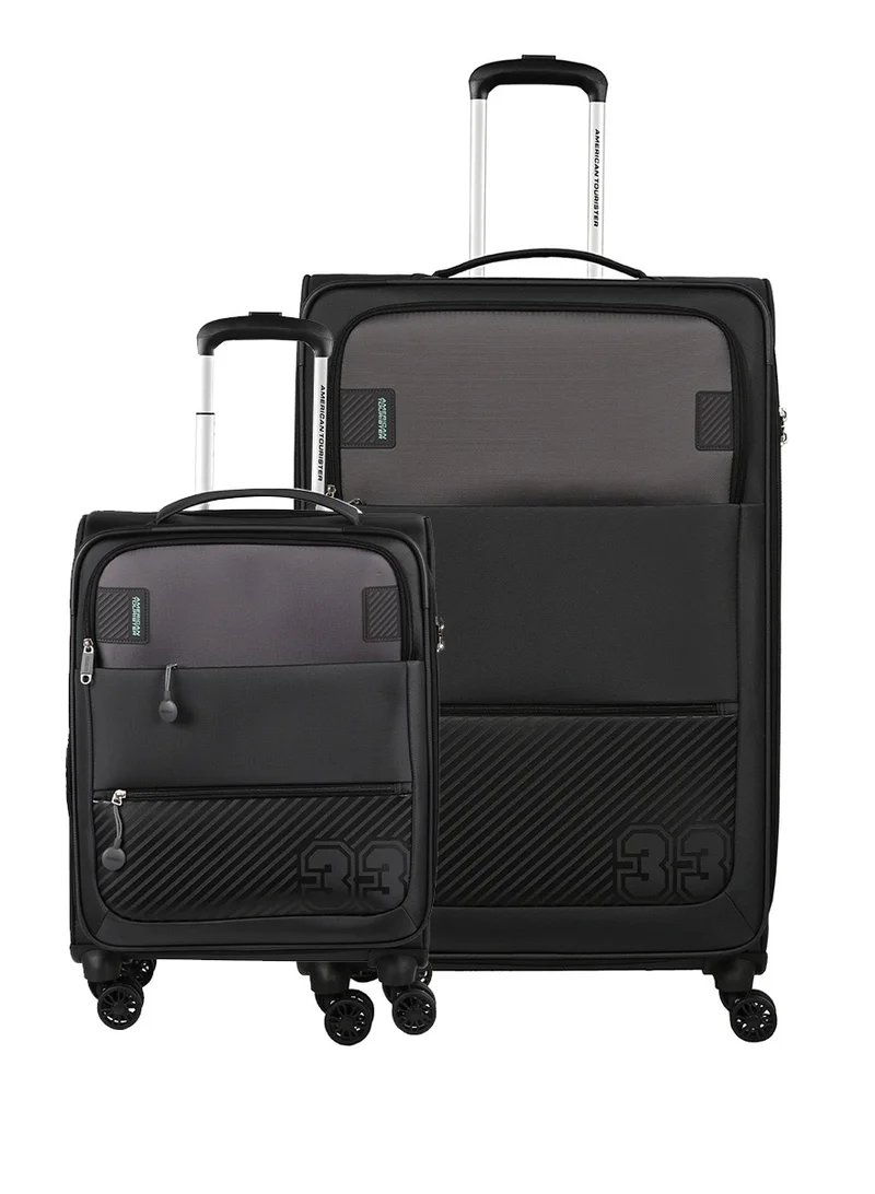 Majoris + Suitcase, 2pc Set (59 + 83 cm), 4 Spinner Wheels, Soft Top, 100% Polyester, Black|Corner Guards|Multi Front Pocket|TSA Combination Lock|Expandable|Retractable Aluminum Handle - 3 Years International Warranty